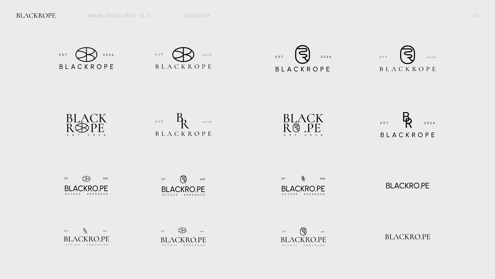 Sixteen wordmark lockups, the name stacked, inline and with each of the four monograms.