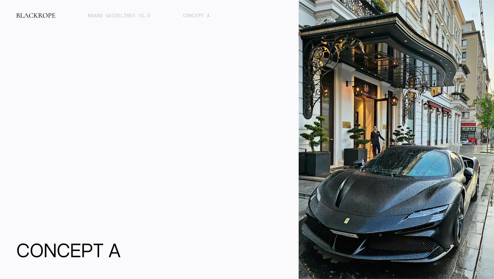 The first concept opener, a black supercar parked outside a lit boutique.