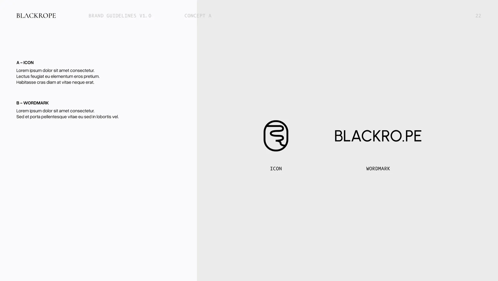 Concept one, the rope loop icon and the BLACKRO.PE wordmark shown apart and labelled.