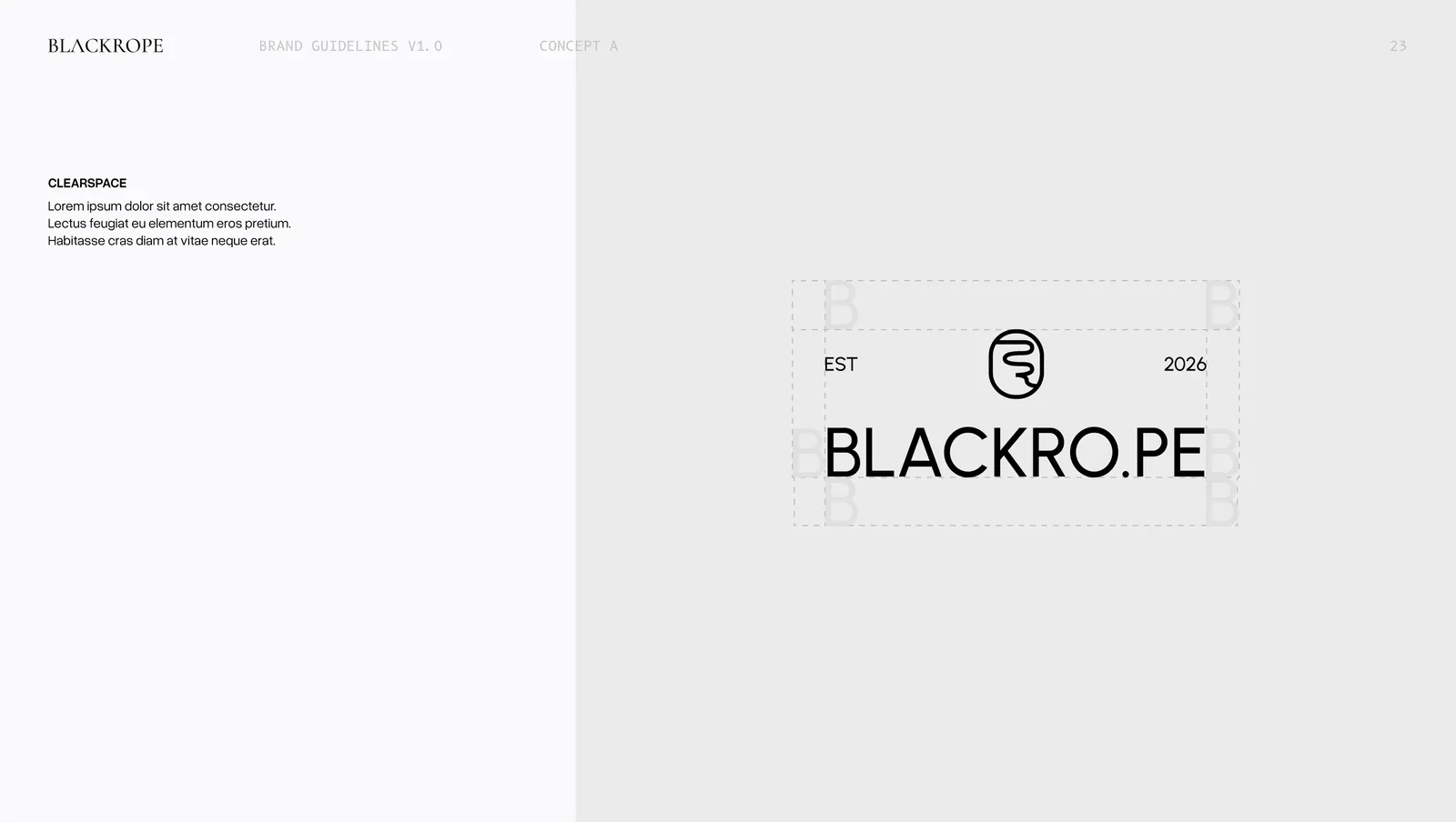 Concept one, the clearspace rule drawn around the lockup on all four sides.