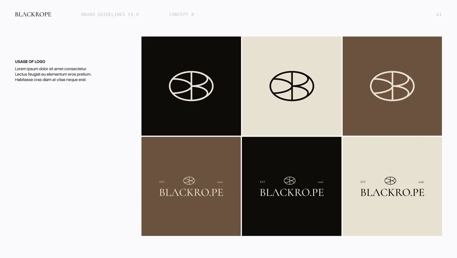 Concept two in use, the mark on black, cream and brown, with the full lockup under each.