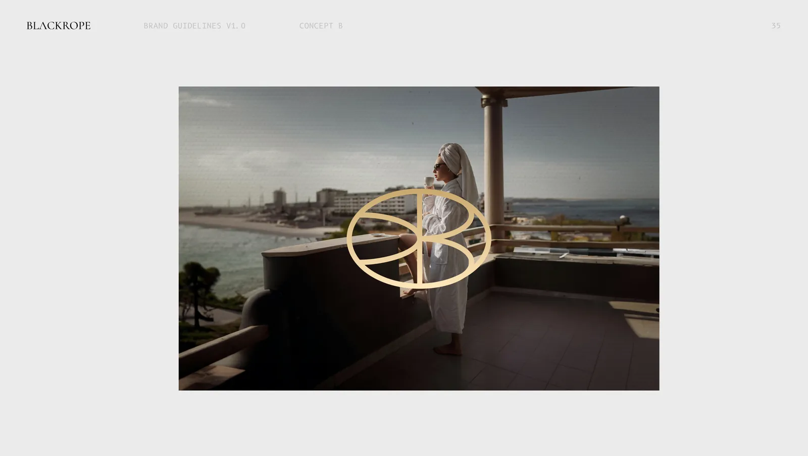 Concept two on a poster, the mark over a terrace looking down a coastline.