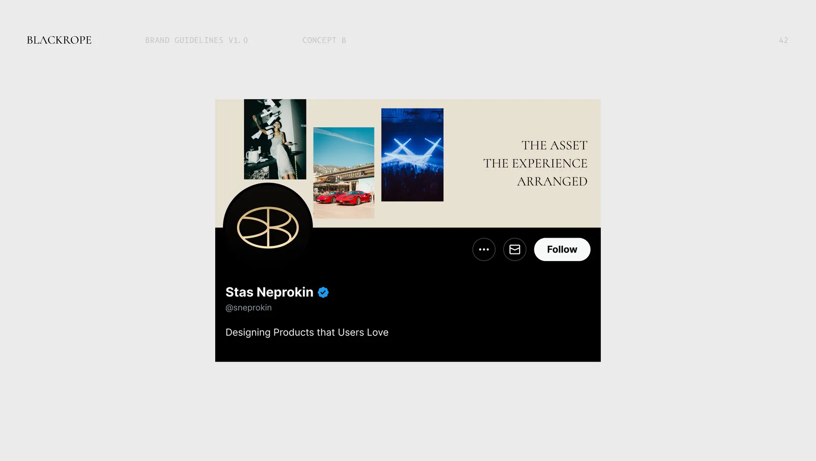 Concept two on X, the cream banner over a black profile with the oval avatar.