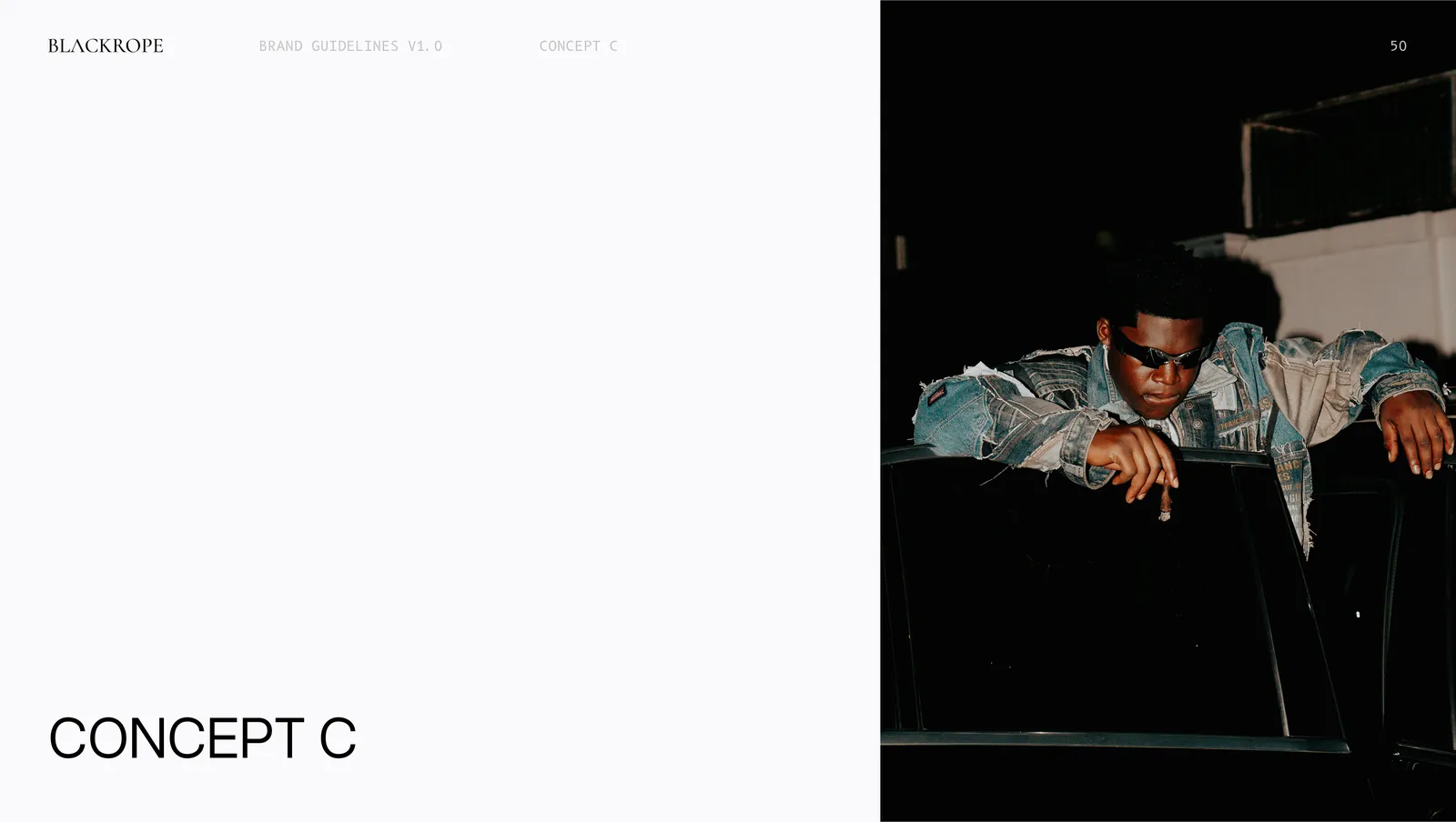 The third concept opener, a figure leaning out of a car door in the dark.