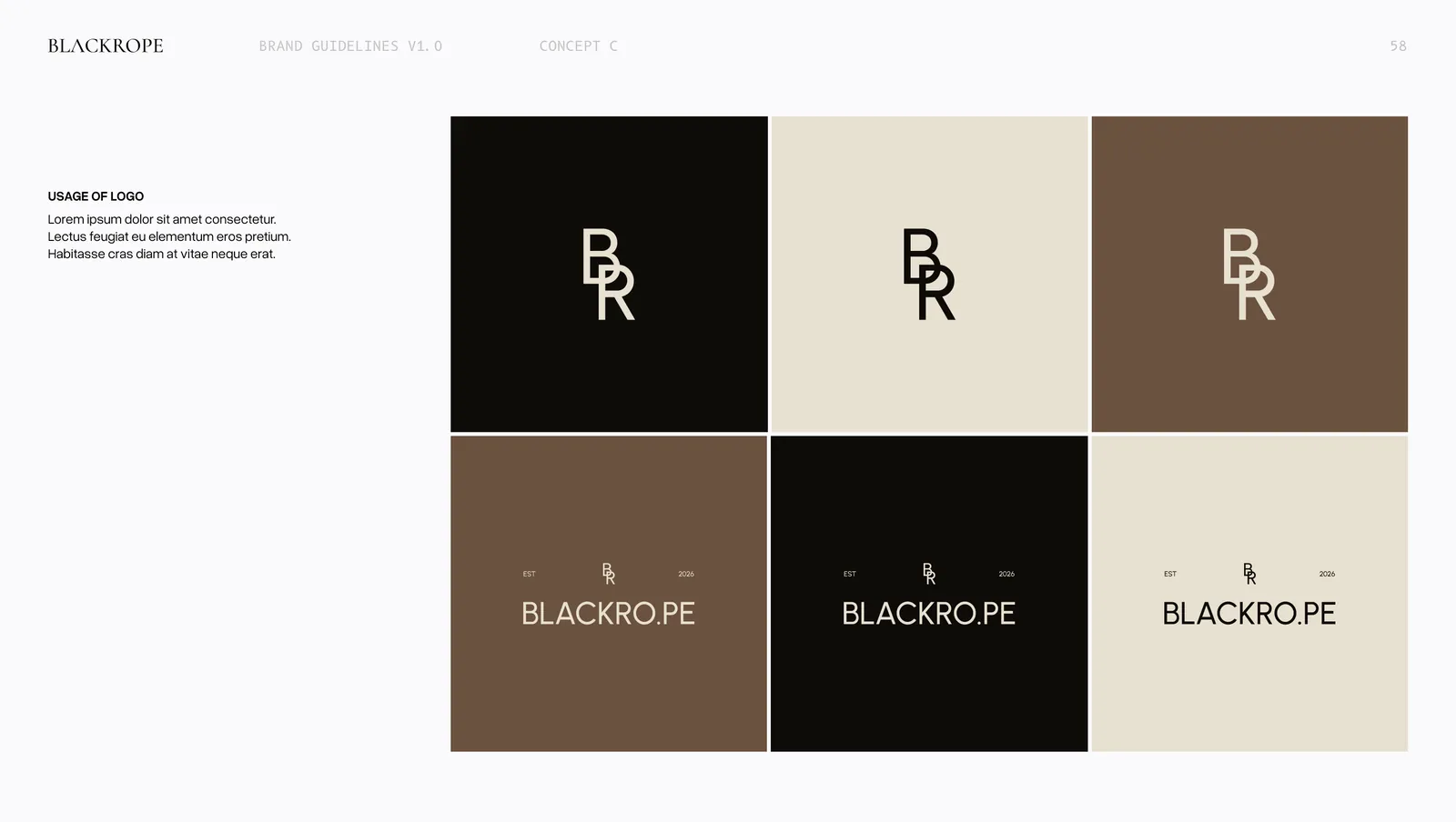 Concept three in use, the mark on black, cream and brown, with the full lockup under each.