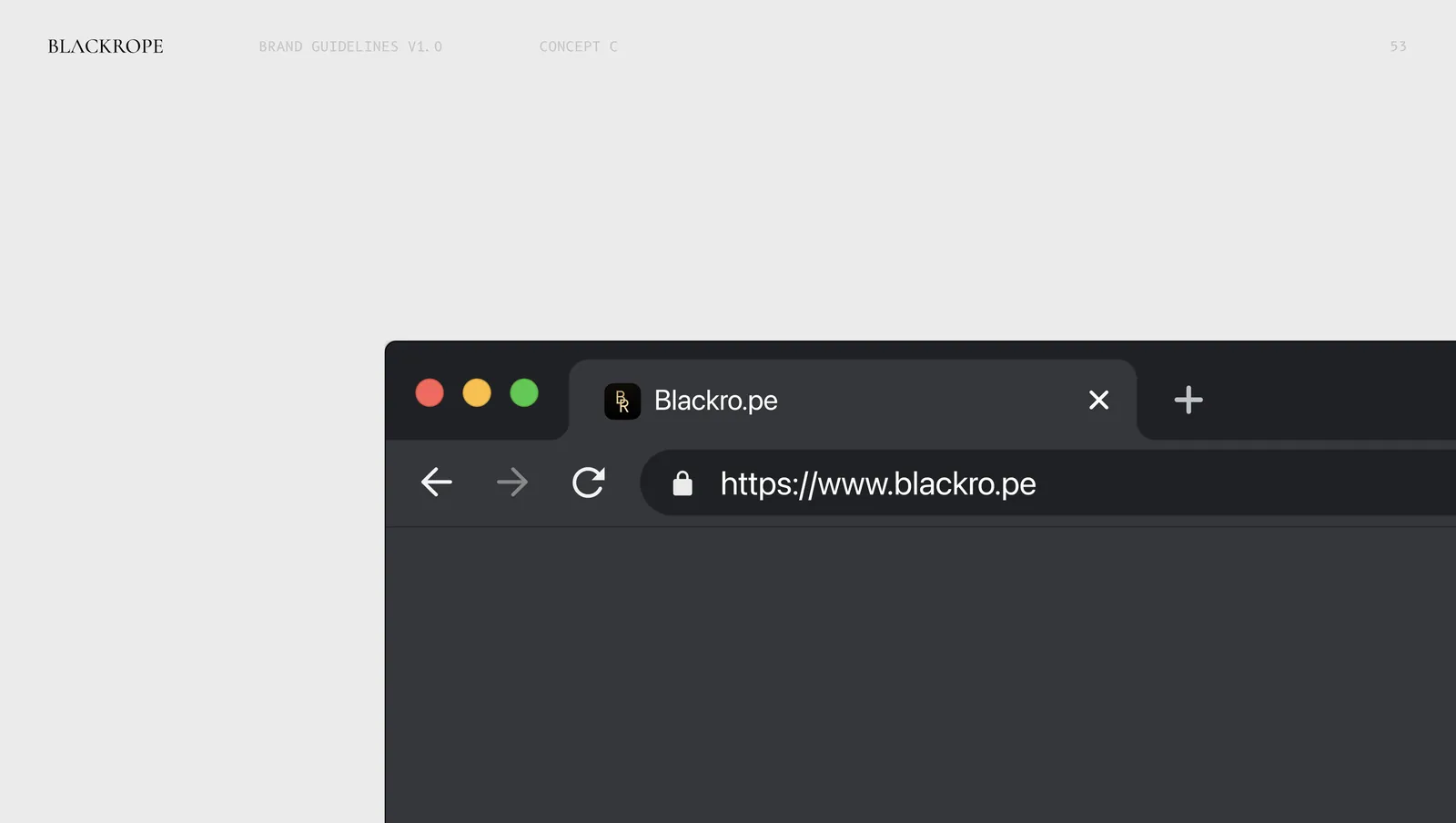 Concept three as a browser tab, blackro.pe with the monogram as the favicon.