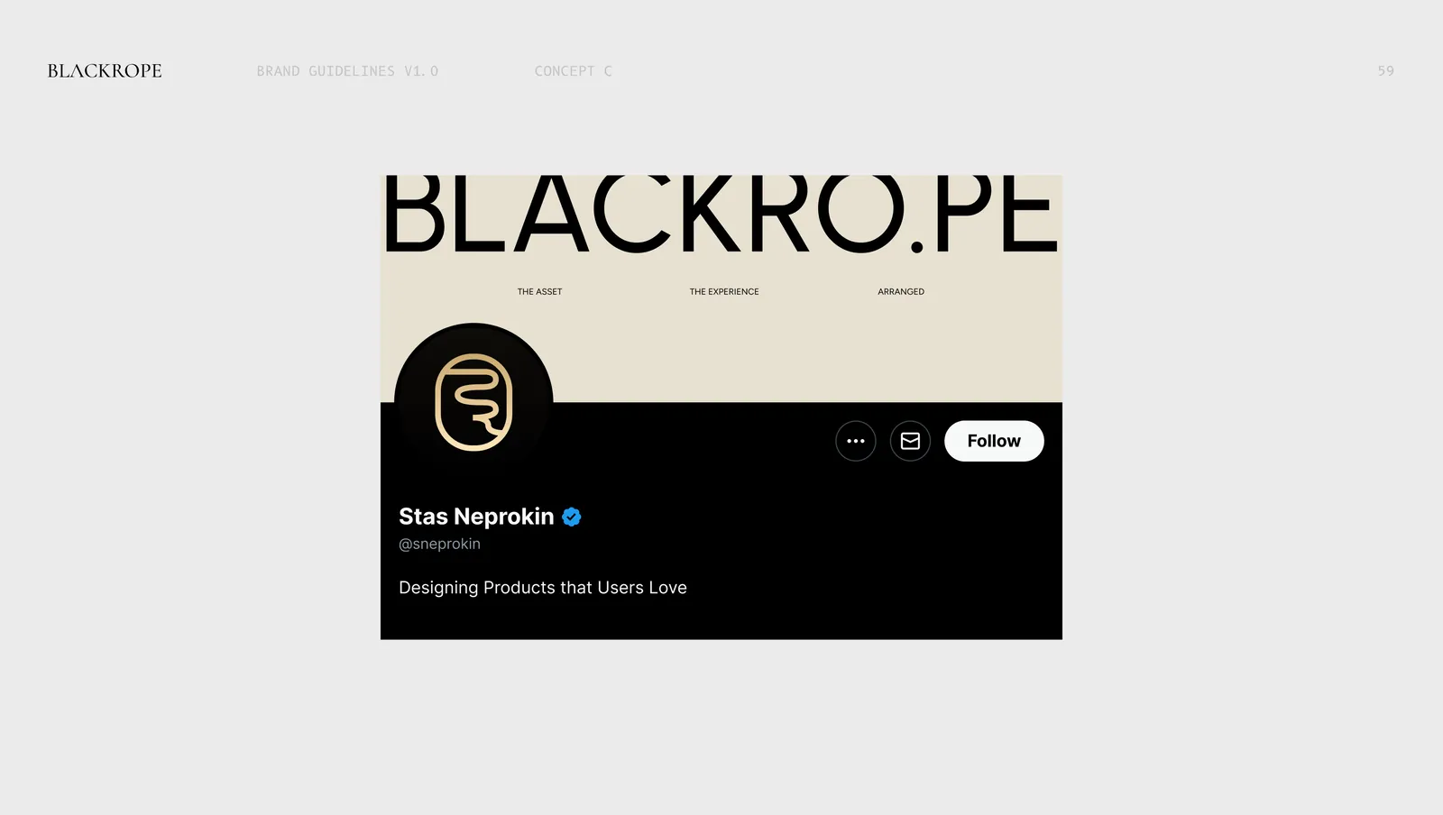 Concept three on X, the cream banner over a black profile with the monogram avatar.