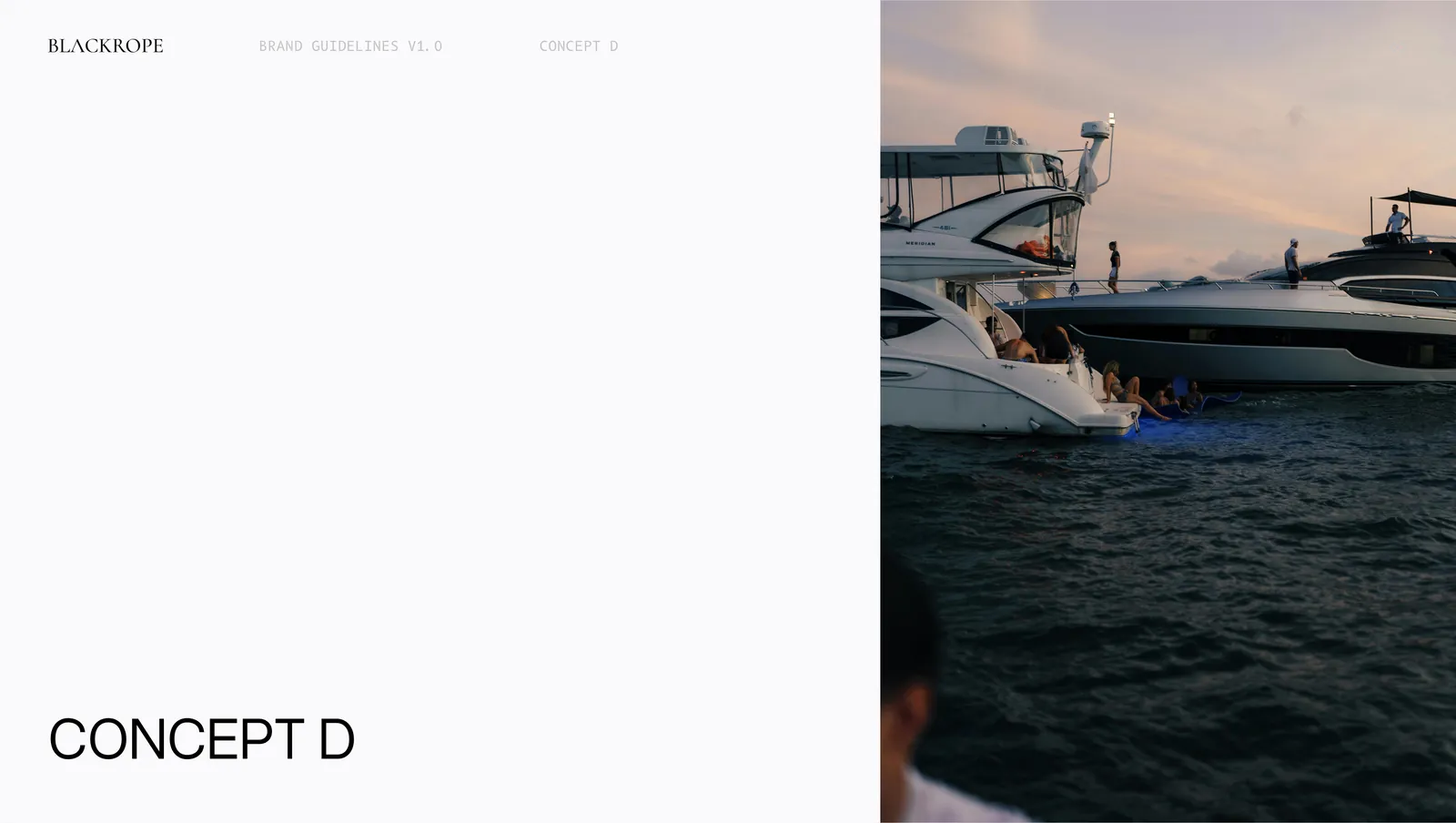 The fourth concept opener, superyachts moored side by side at dusk.
