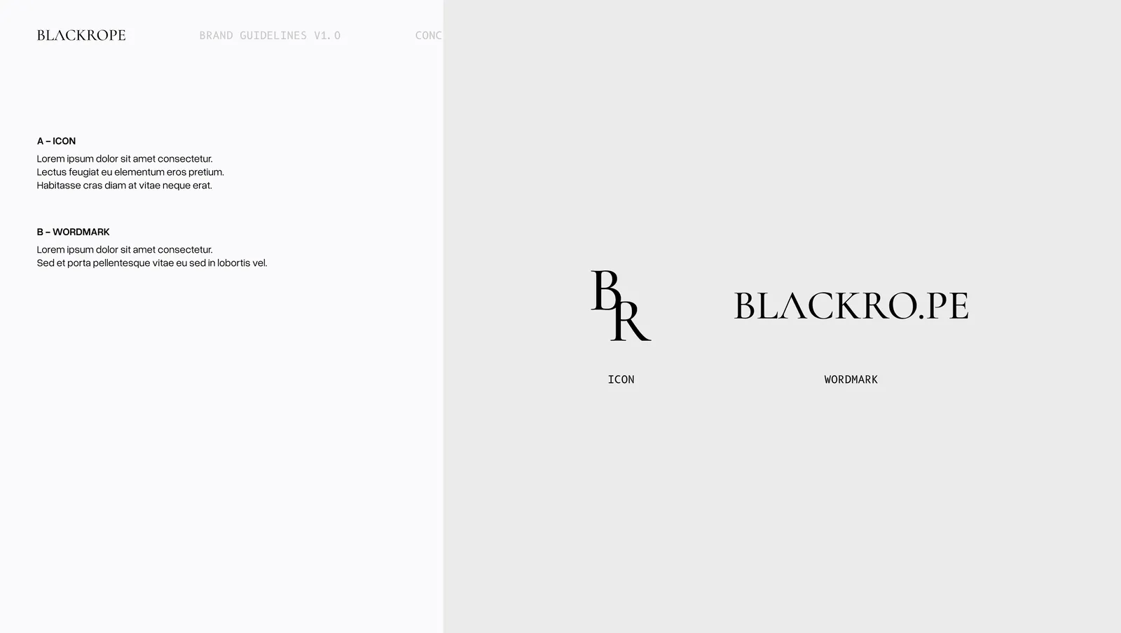 Concept four, the serif BR monogram and the BLACKRO.PE wordmark shown apart and labelled.