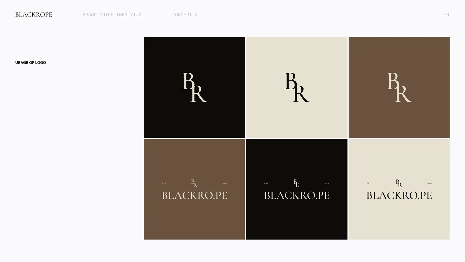 Concept four in use, the mark on black, cream and brown, with the full lockup under each.