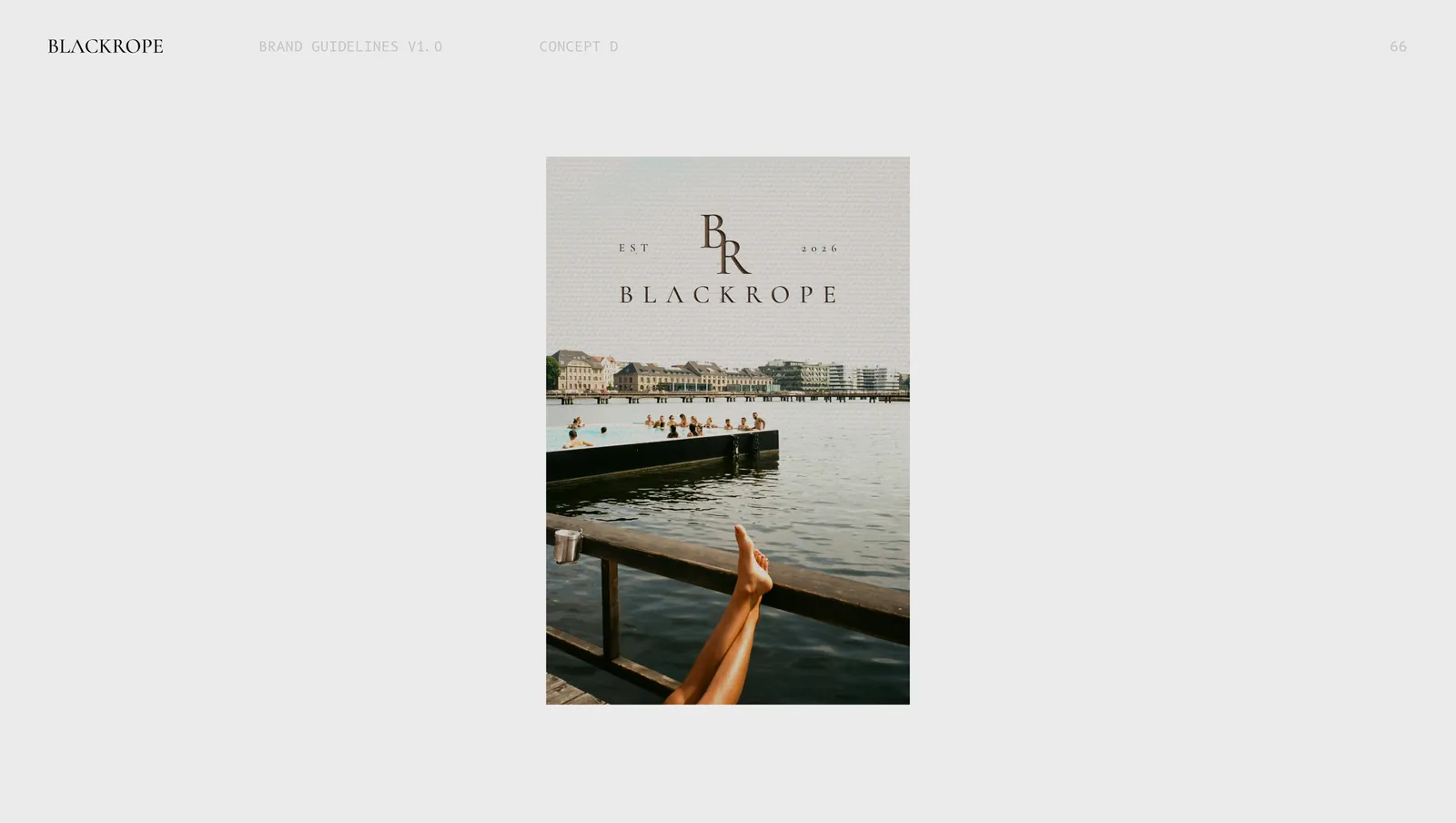 Concept four on a poster, a waterfront promenade with the mark and the name set above it.