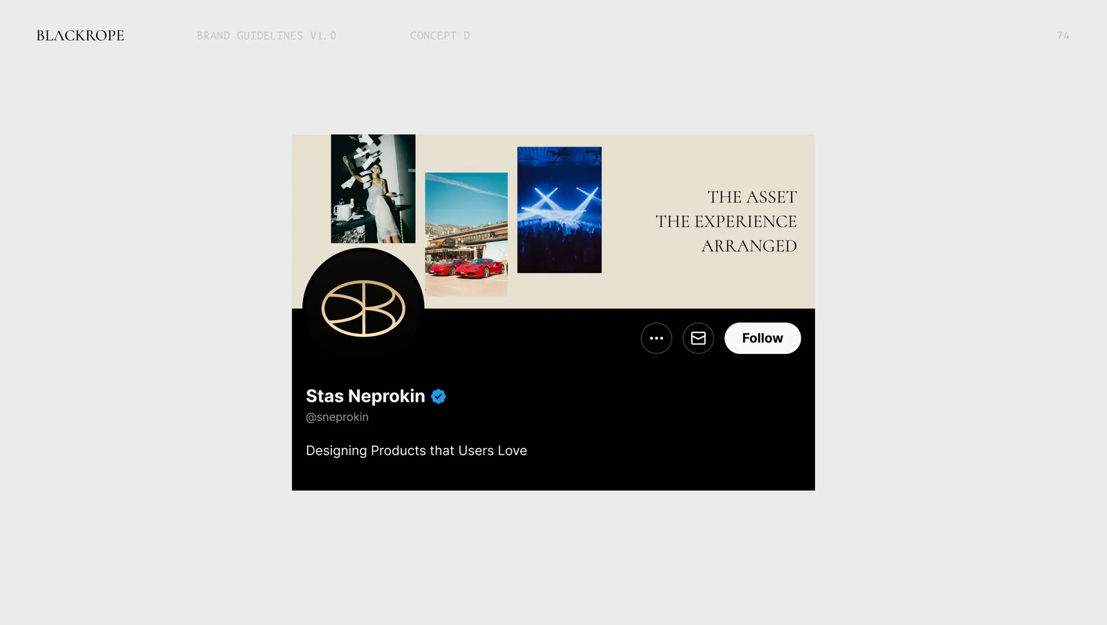 Concept four on X, the cream banner over a black profile with the serif monogram avatar.