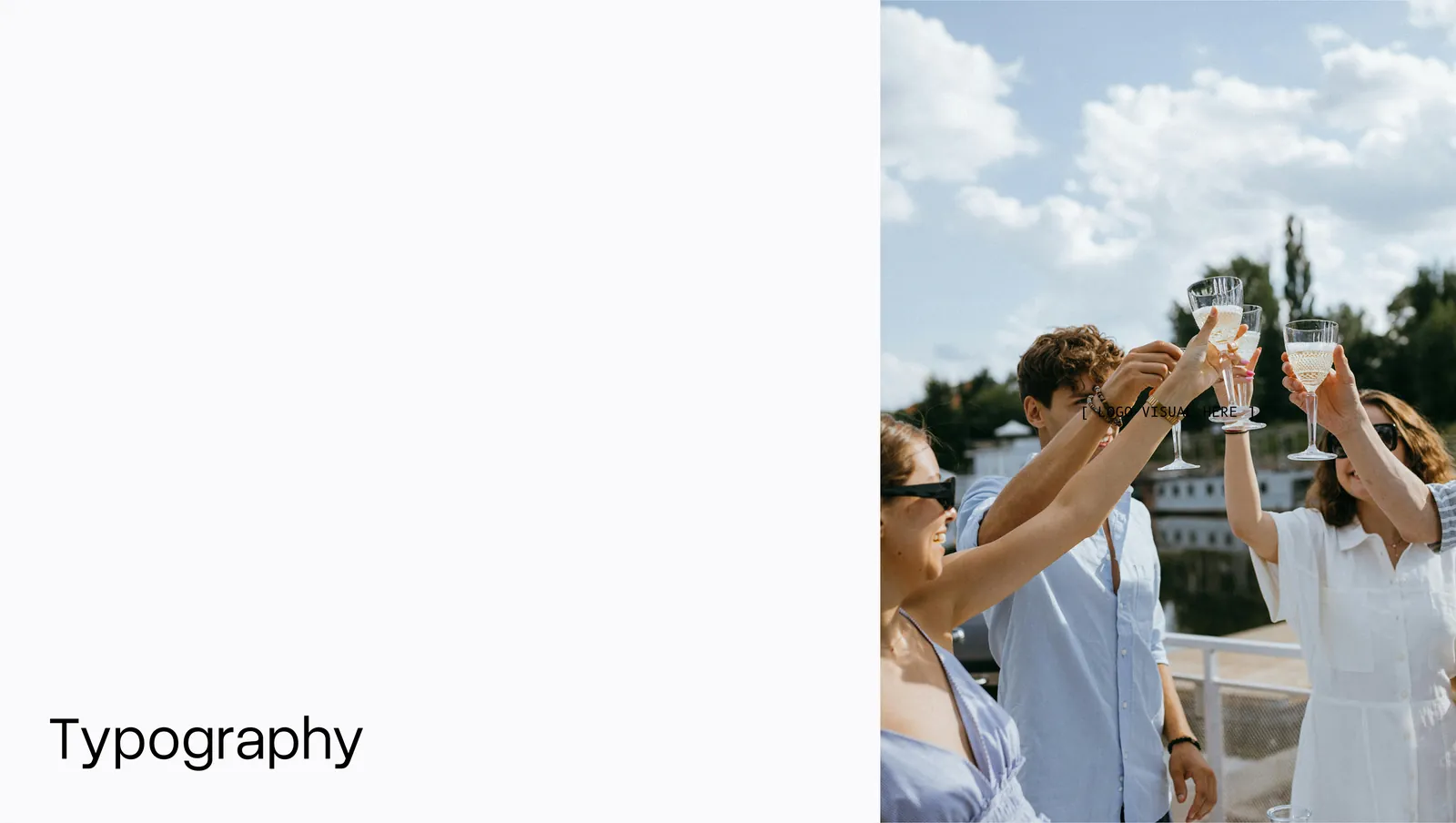 The typography section opener, four people raising glasses on the deck of a boat.