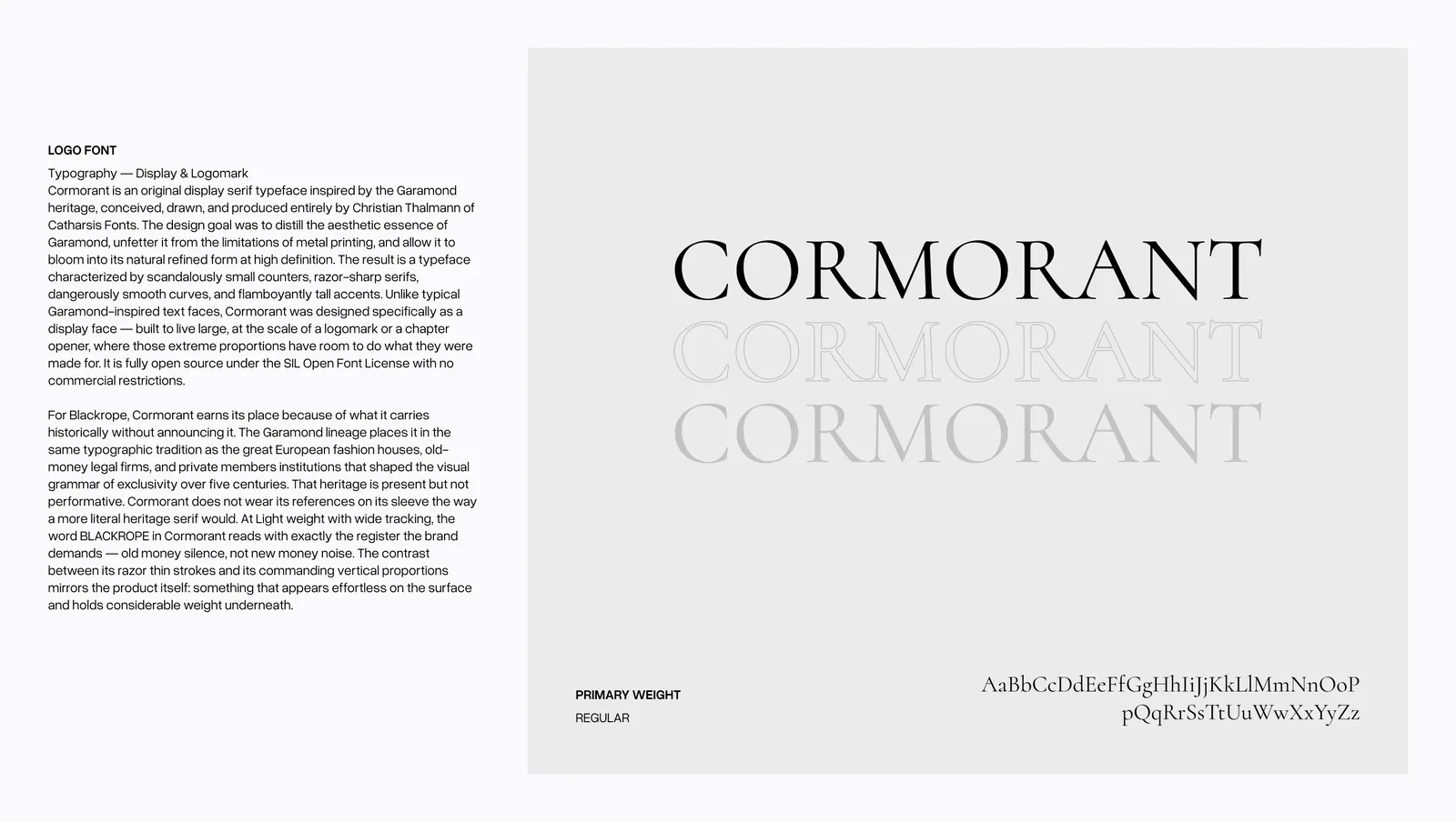 The display and logomark typeface, Cormorant, shown the same way.