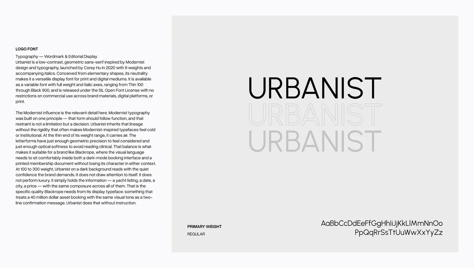 The editorial display typeface, Urbanist, shown the same way.