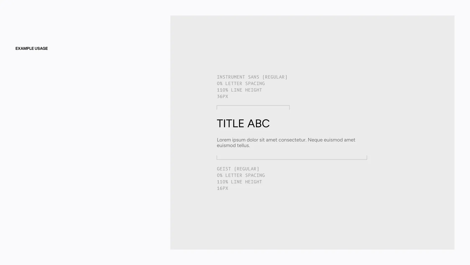 Type in use, a title over a paragraph of body copy, with the settings called out.