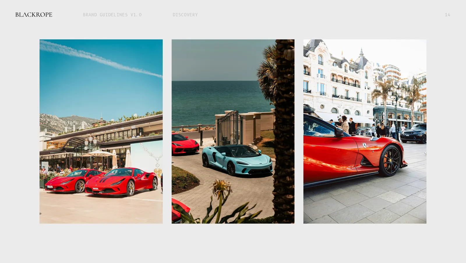 Reference, three frames of supercars outside restaurants and hotels.