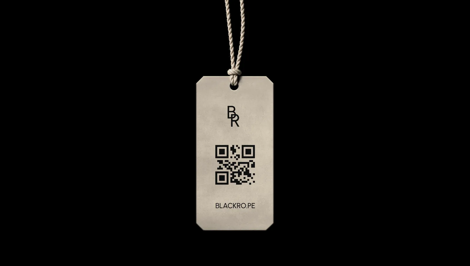 A hanging swing tag, the monogram above a QR code and the wordmark.