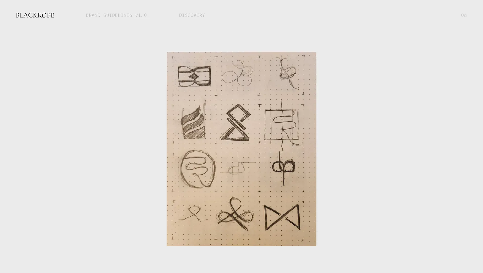 A sketchbook page of monogram exploration, the B and the R tied into rope over and over.