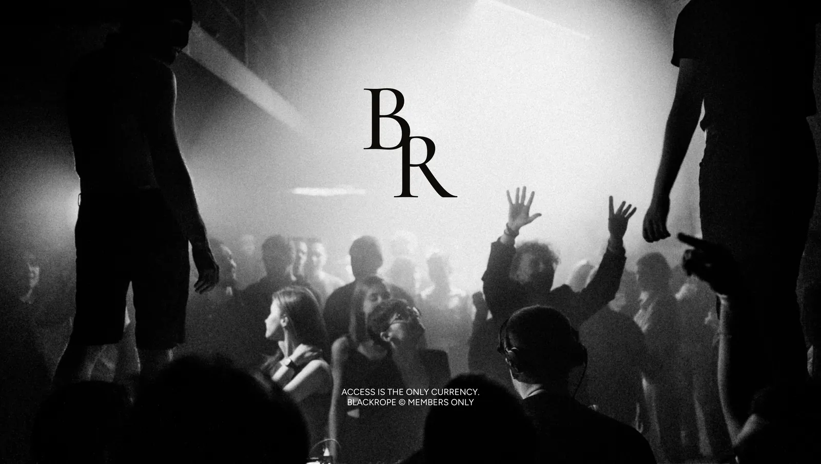 A black and white club crowd with the serif monogram set over it.