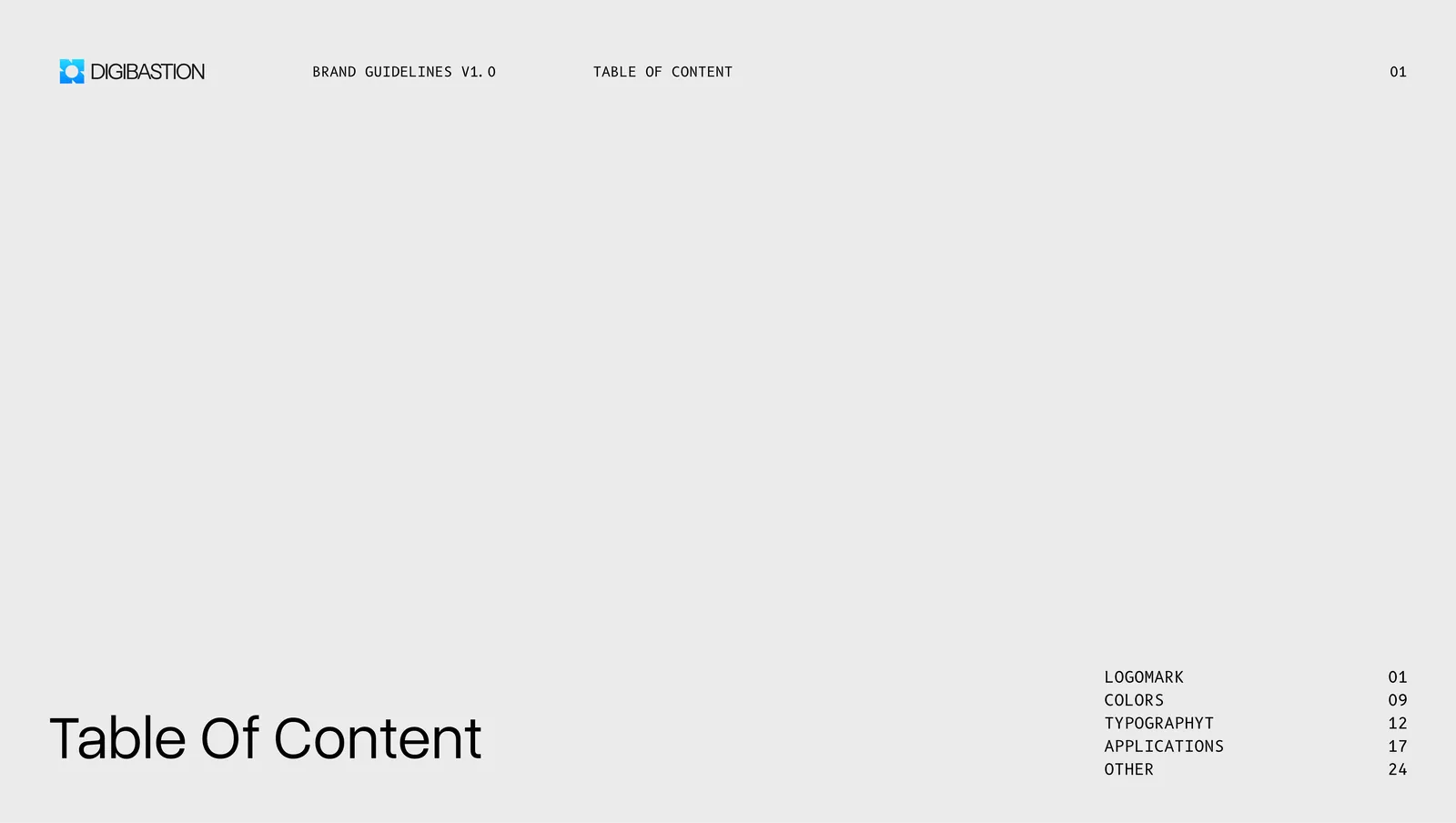 The contents page of the Digibastion brand guidelines, listing logomark, colors, typography, applications and other.