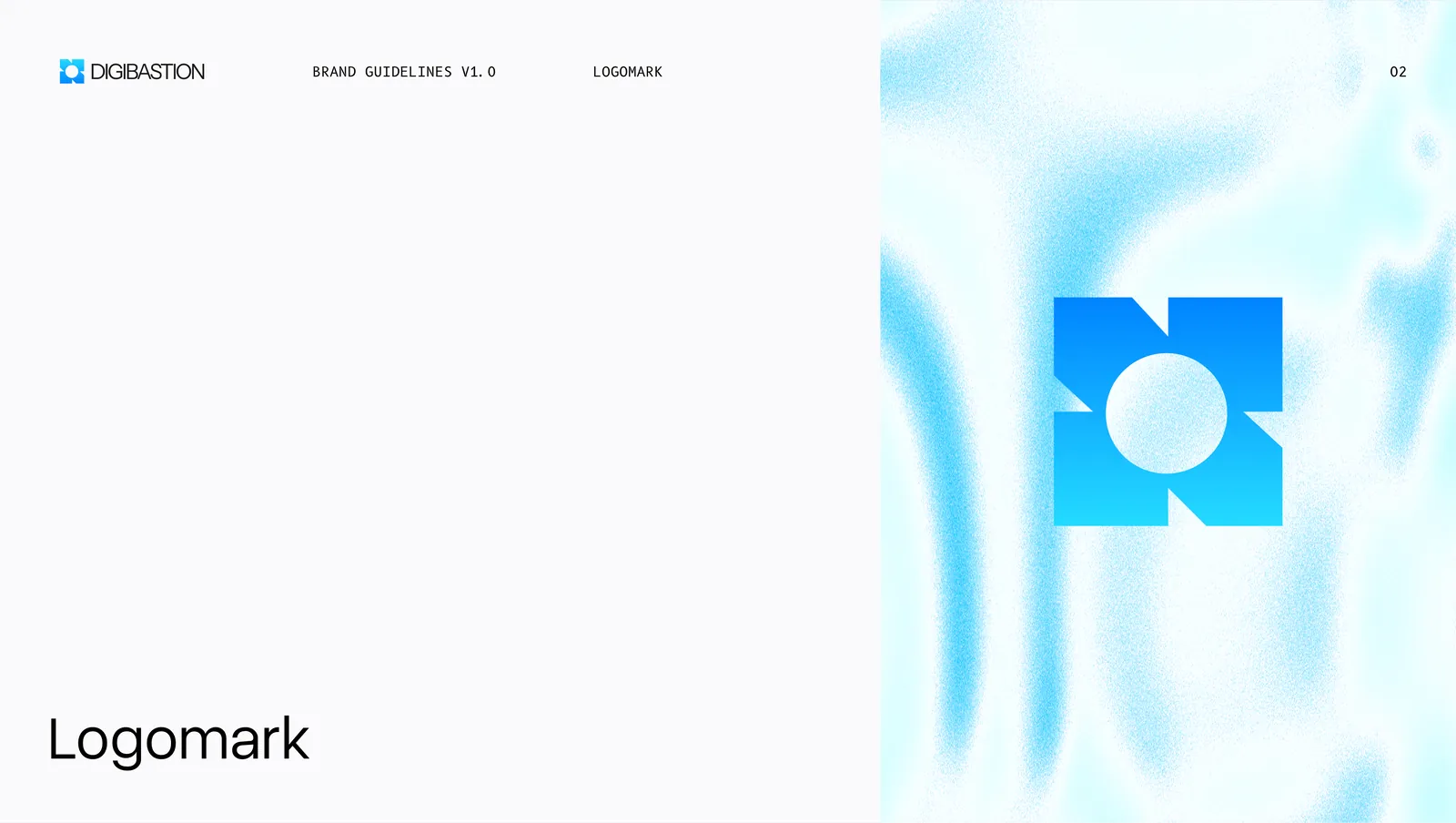 The logomark section opener, the blue icon set against a soft cyan wash.