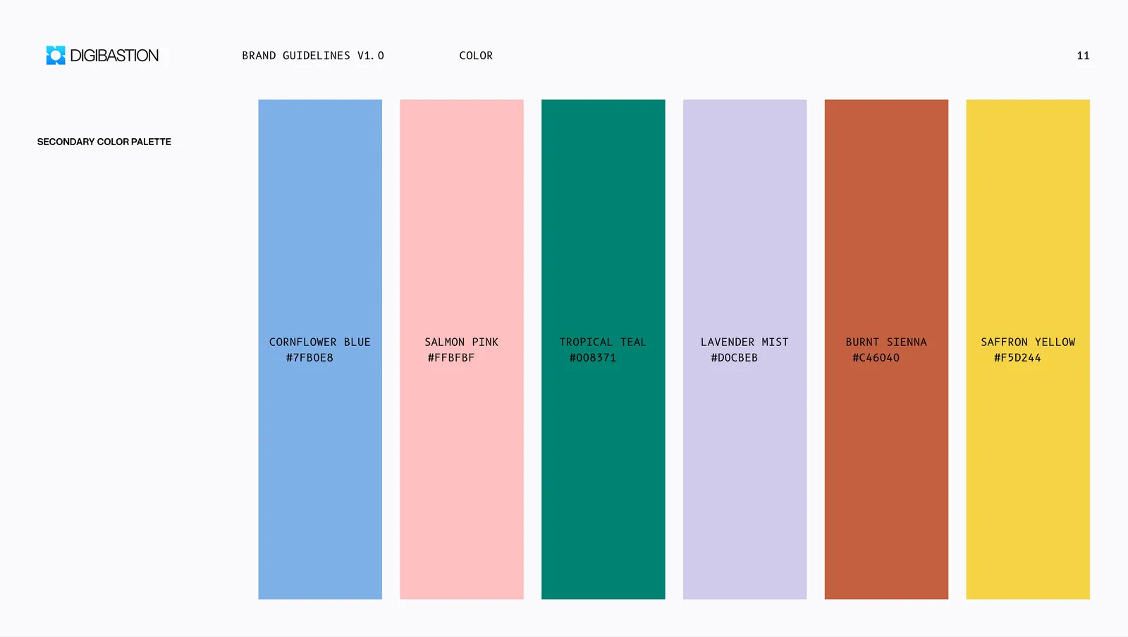 The secondary palette, six blocks running cornflower blue, salmon pink, tropical teal, lavender mist, burnt sienna and saffron yellow.