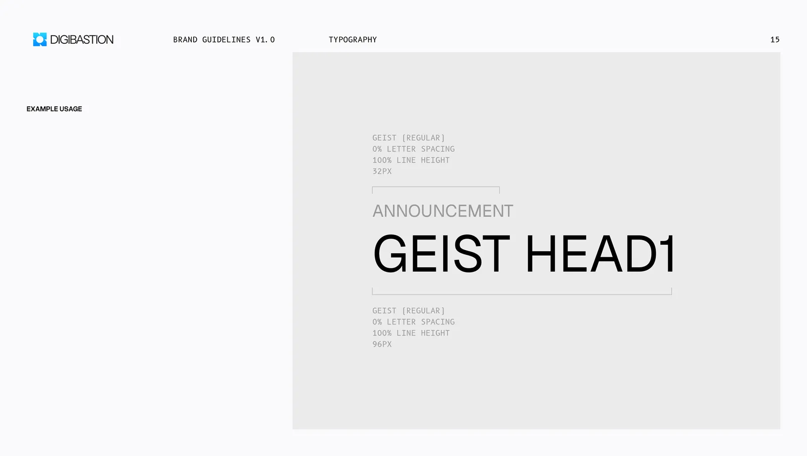 Type in use, an announcement kicker over a 96px Geist headline, with the settings called out.