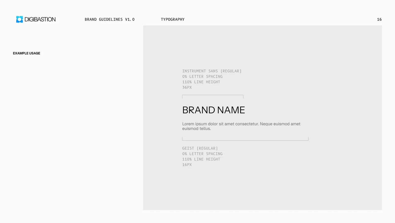 Type in use, a brand name heading over a paragraph of body copy, with the settings called out.