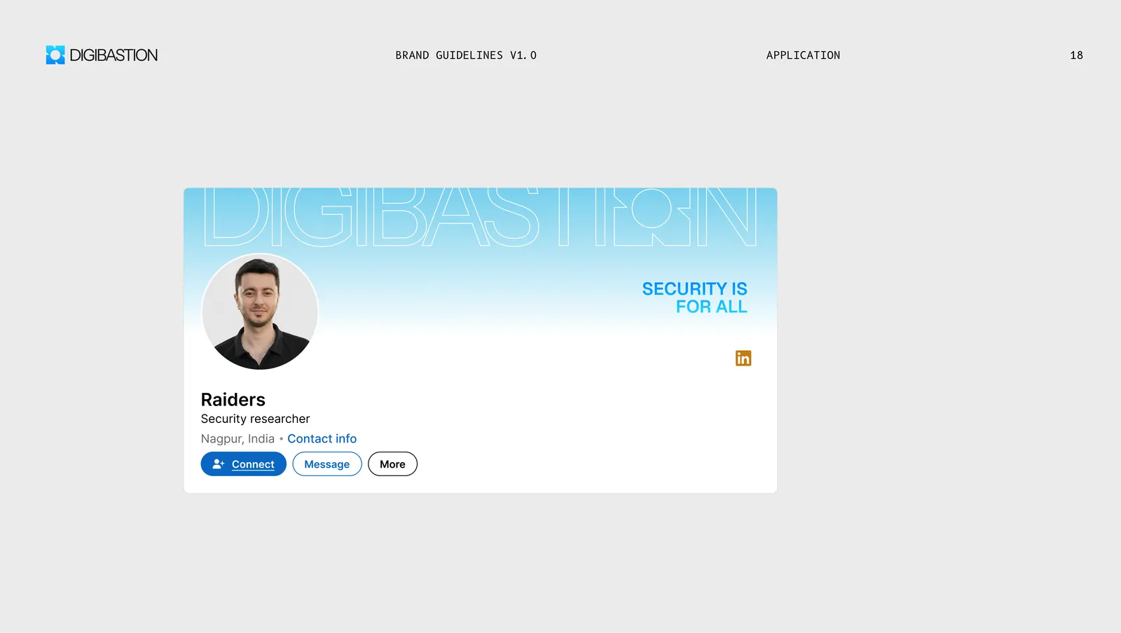 The identity on LinkedIn, the header reading "Security is for all" over a cyan gradient.
