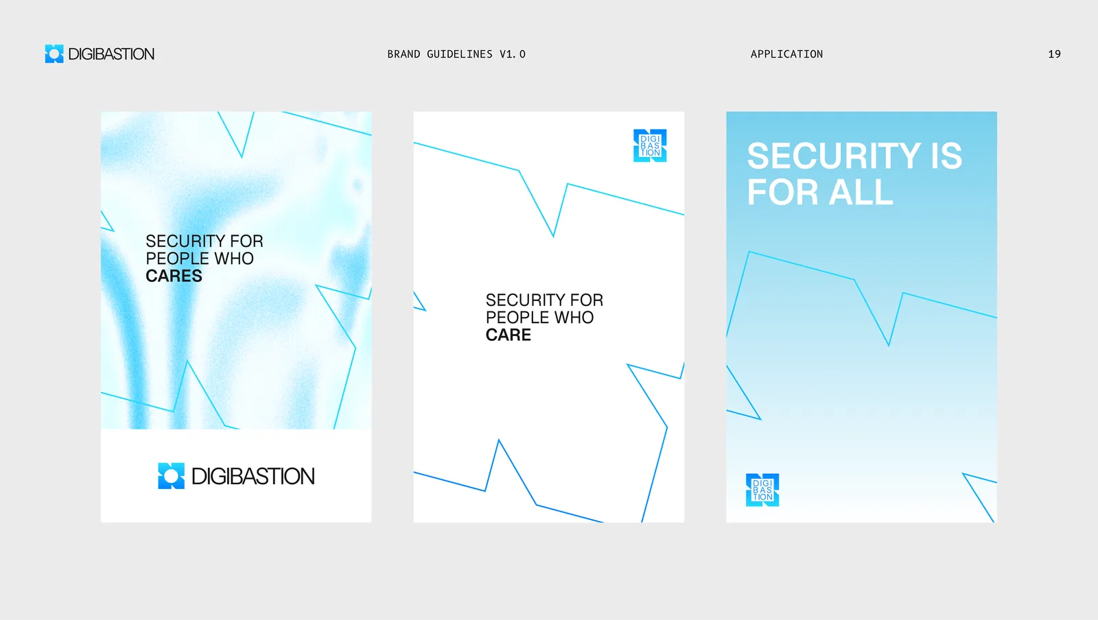 Three key frames, "Security for people who cares" on the wash, on white, and "Security is for all" reversed out of blue.