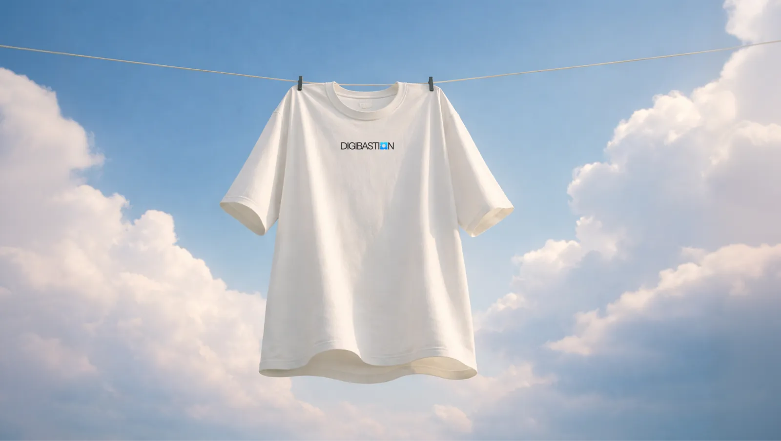 A white Digibastion t-shirt pegged to a line against an open sky.