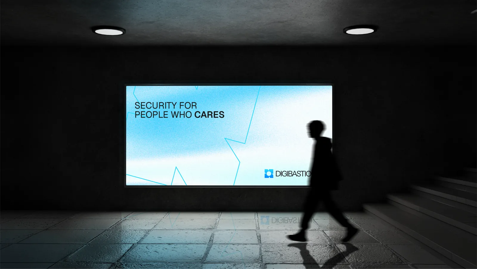 A backlit Digibastion panel in an underground walkway, a figure passing in silhouette.