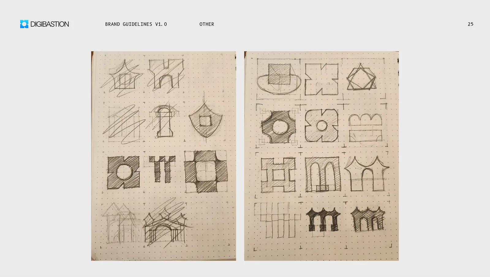 Two sketchbook pages of logo exploration, dozens of pencil marks worked over a dot grid.