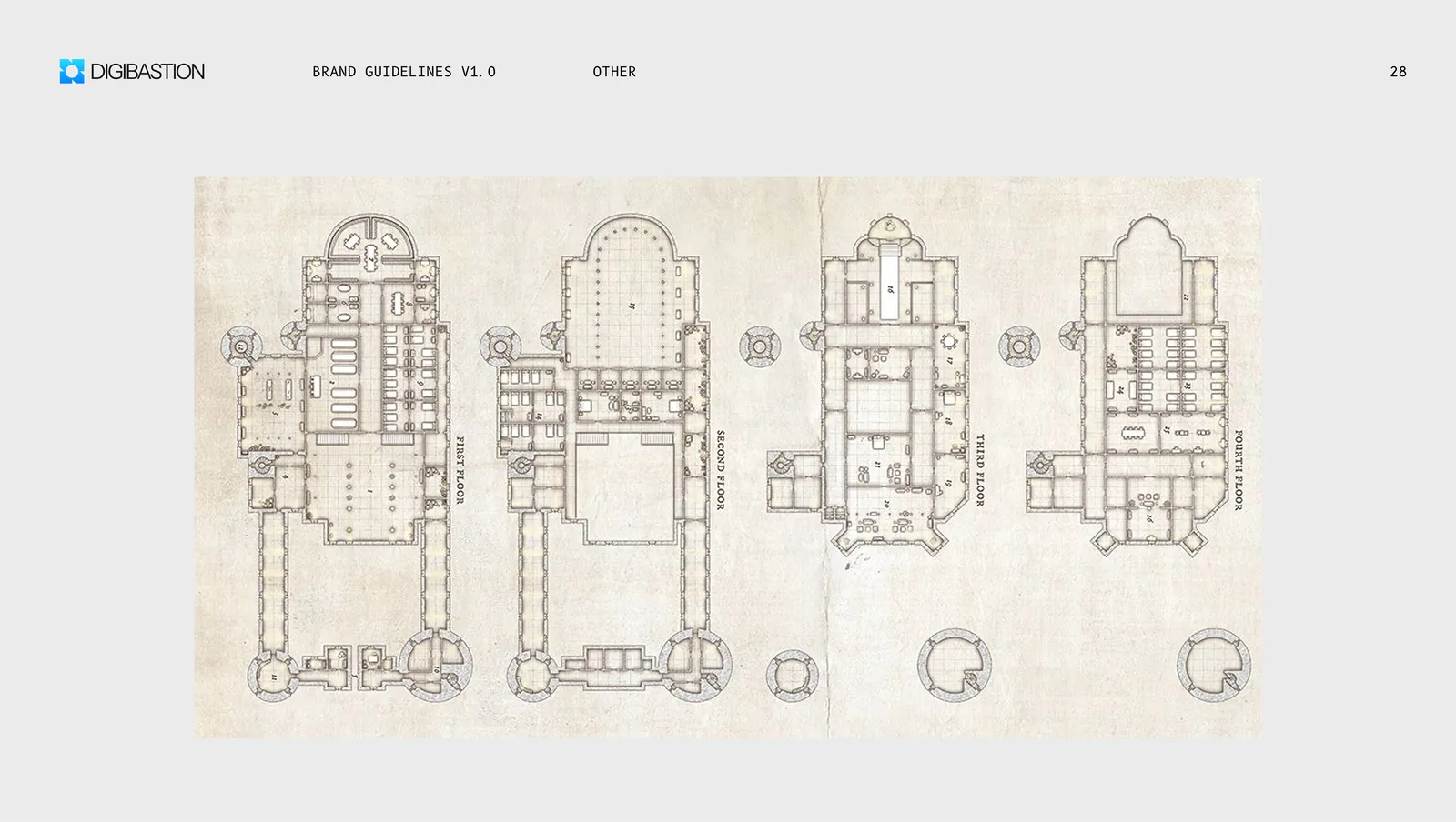 Reference, four architectural floor plans drawn on aged paper.