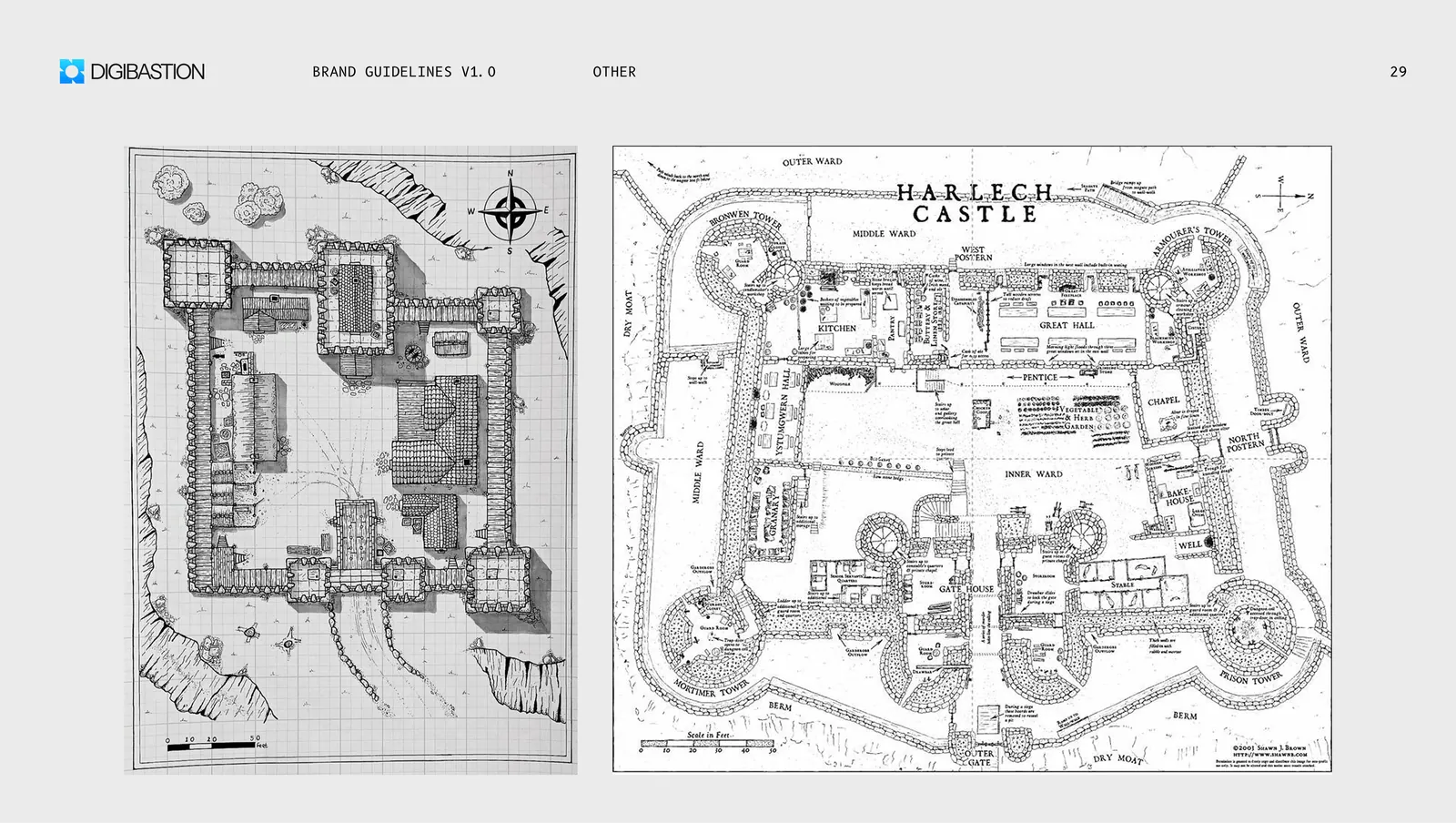Reference, two castle plans, one of them Harlech, drawn in fine black line.