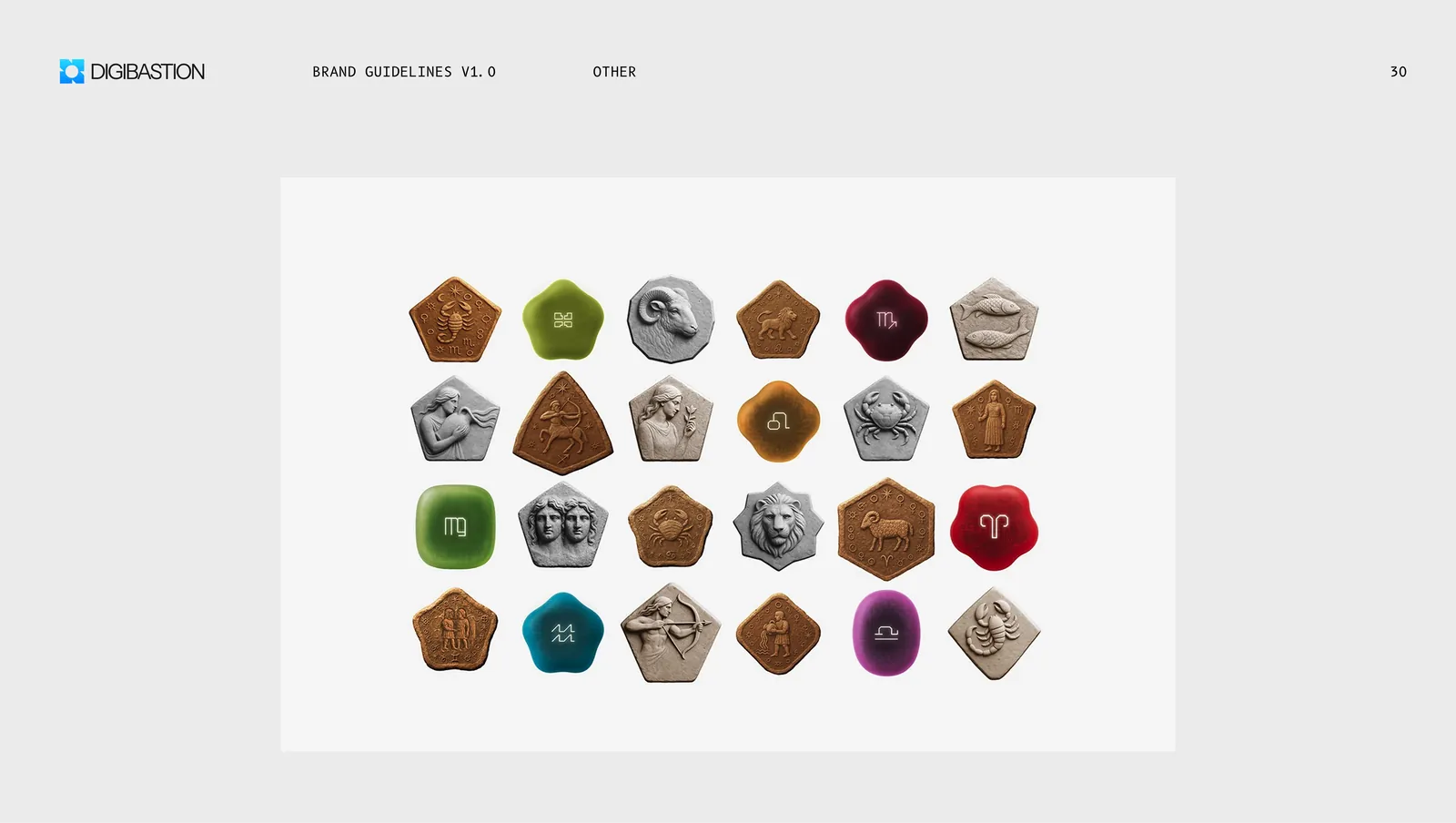 Reference, a grid of carved pentagonal badges in stone, bronze and enamel.