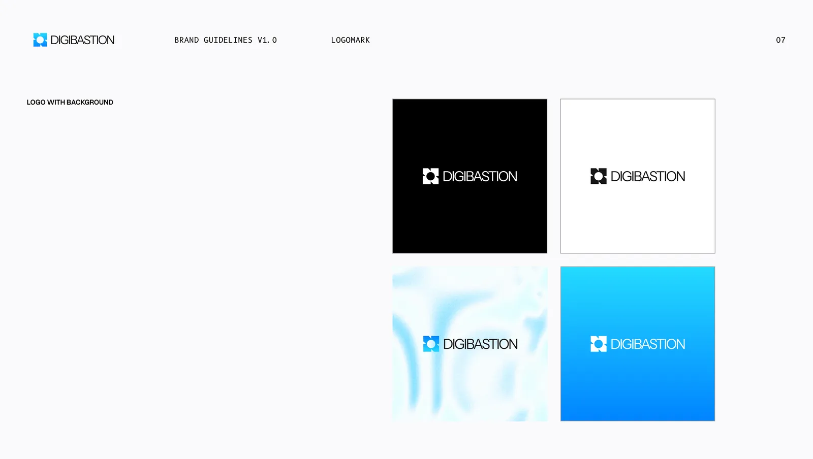 The logo on backgrounds, four tiles running black, white, cyan wash and solid blue.