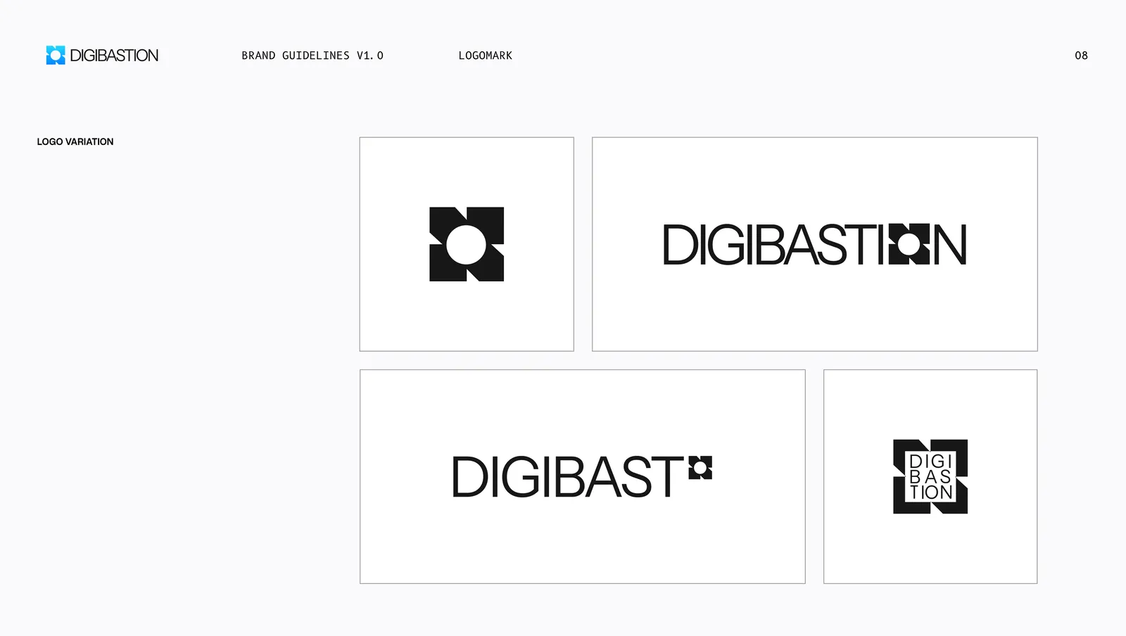Four logo variations, the icon alone, the wordmark with the icon set into it, a shortened wordmark and a stacked block.