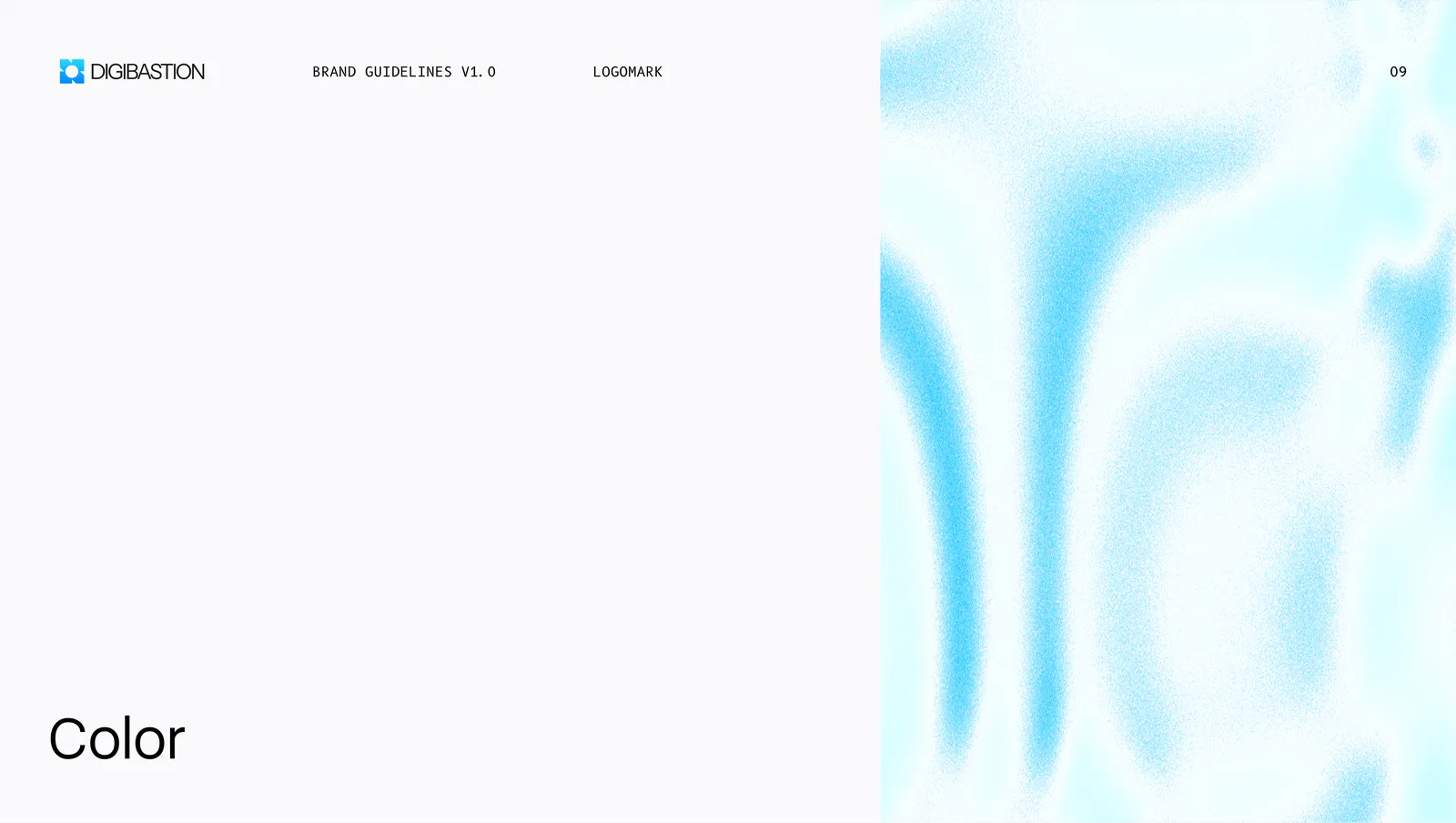 The color section opener, the cyan wash filling the right half of the page.