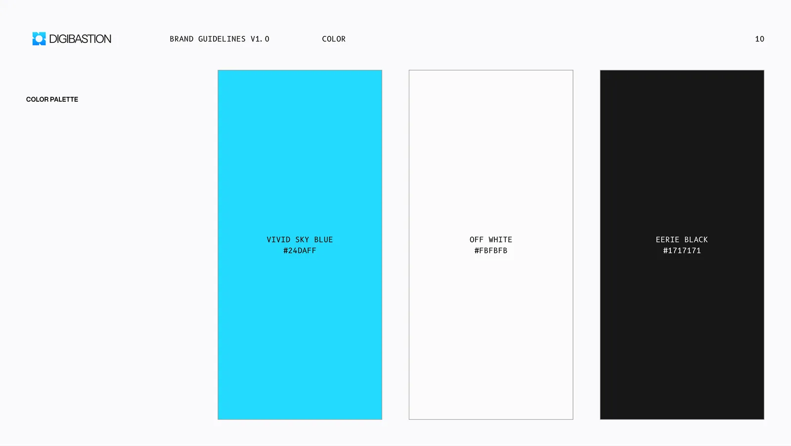 The primary palette, three blocks of vivid sky blue, off white and eerie black, each with its hex value.